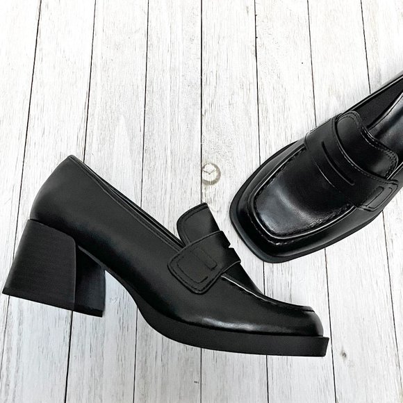 New Black Women Slip On Chunky Heel Penny Loafers - Picture 7 of 7